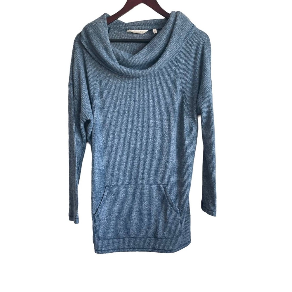 Soft Surroundings Women Sweater S Blue Cowl Neck Tunic Pockets Cozy Lagenlook